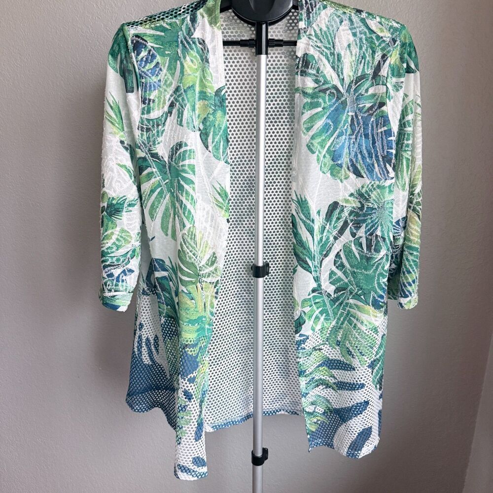 Chico's Travelers Open Front Mesh Tropical Leaf Lightweight Swim Coverup Summer